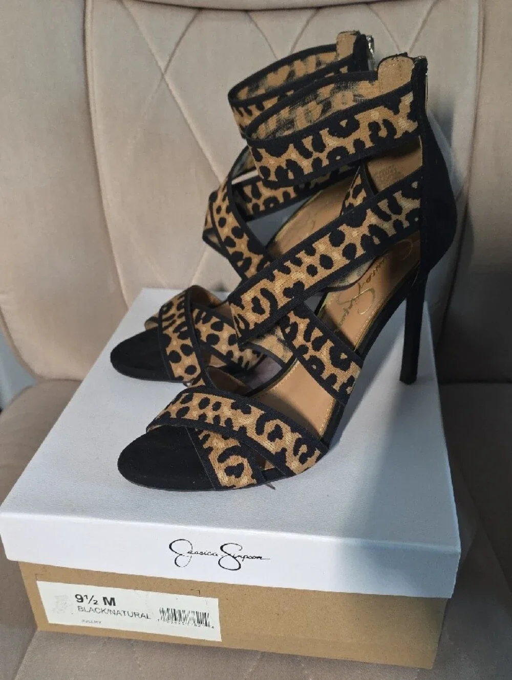 Jessica Simpson Leopard Print Strappy Heels - Black/Tan